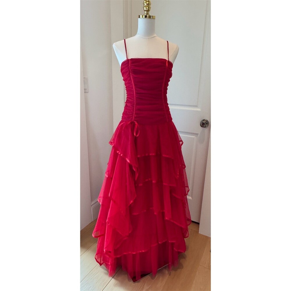 Masquerade Vintage 80s Prom Ball Gown Maxi Dress Red Tiered Ruffle Size 5 5/6